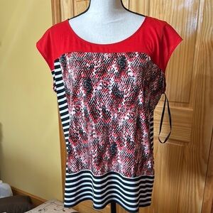 Calvin Klein Red and‎ Black Asymmetrical Cap Sleeve Blouse